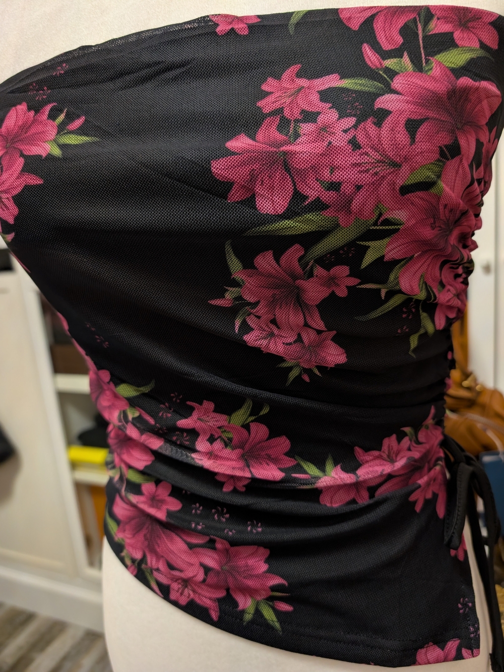 Ruched Strapless Floral Tube Top - Black with Pink Flowers